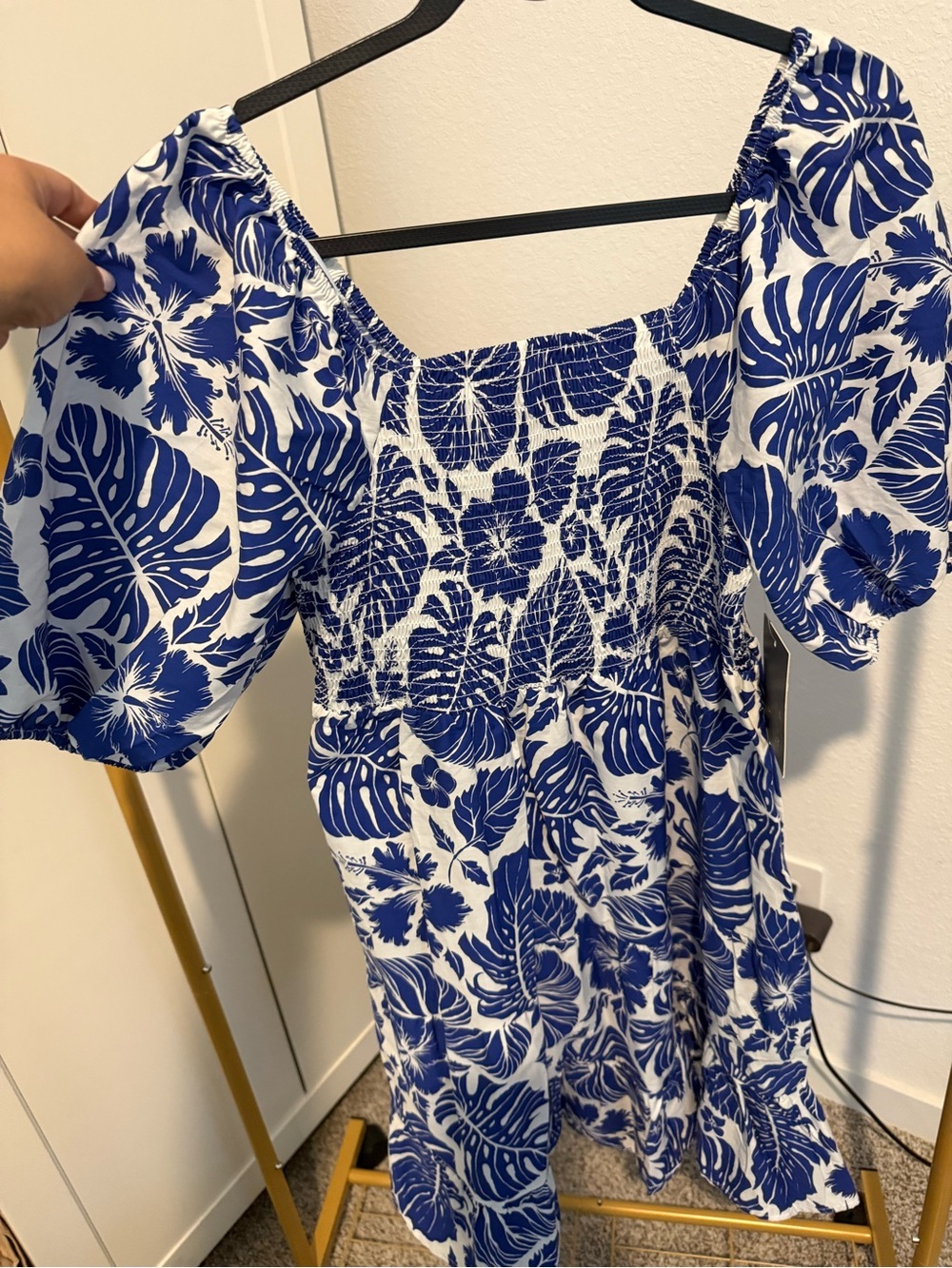 Lark + Gray Blue & White Smocked Floral Mini Dress